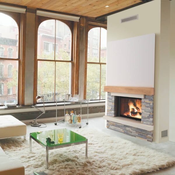 Cheminée contemporaine Park Avenue Country en pierre, bois et rocaille de schiste