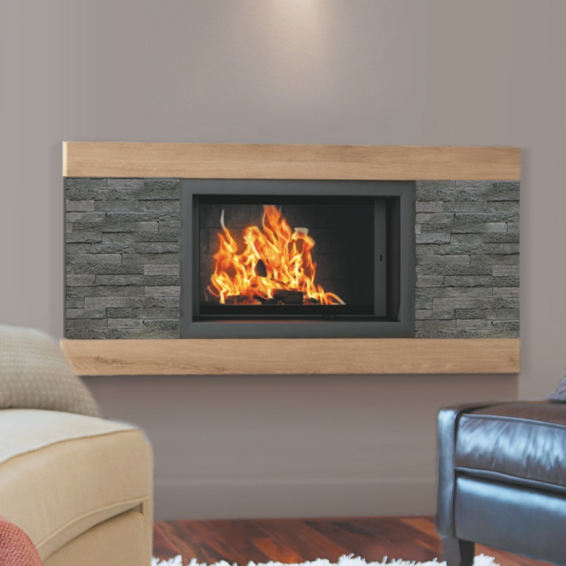 Cheminée concept Domino Country Schiste en rocaille de schiste et bois