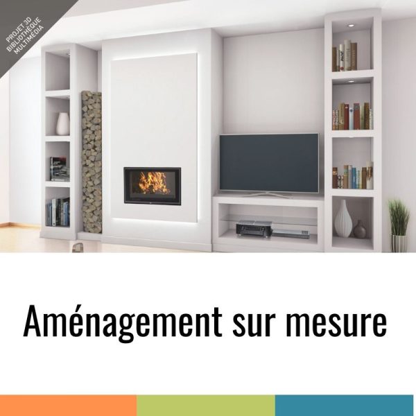 Cheminée sur-mesure Projet 3D en pierre avec aménagement bibliothèque multimédia
