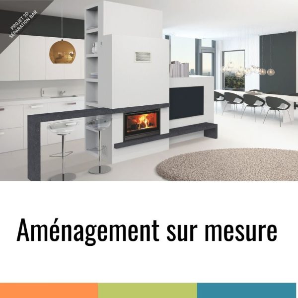 Cheminée sur-mesure Projet 3D en pierre avec aménagement espace bar