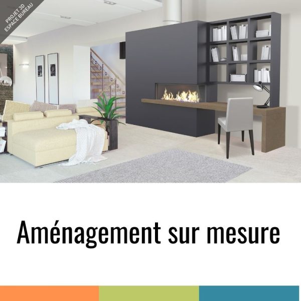 Cheminée sur-mesure Projet 3D en pierre avec aménagement espace bureau